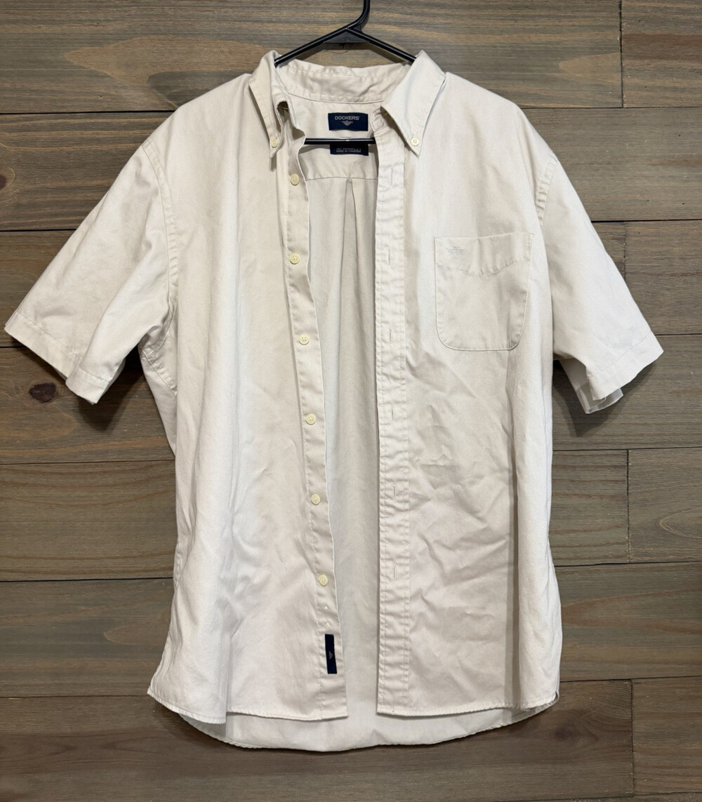 Dockers Men's L Ivory Solid Woven Short Sleeve Button-Down Shirt w/ Pocket